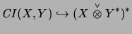 $\displaystyle \mathit{CI}(X,Y)\hookrightarrow (X \stackrel{\scriptscriptstyle \vee}{\otimes}Y^*)^*
$