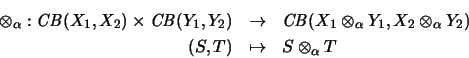 \begin{eqnarray*}\otimes_\alpha : \mathit{CB}(X_1,X_2) \times \mathit{CB}(Y_1,Y_...
...X_2 \otimes _\alpha Y_2)\\
(S,T) &\mapsto& S \otimes_\alpha T
\end{eqnarray*}