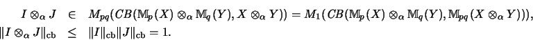 \begin{eqnarray*}I \otimes_\alpha J
&\in&
M_{pq}(\mathit{CB}({\mathbb{M} }_p...
... &\leq&
\Vert I\Vert _\mathrm{cb}\Vert J\Vert _\mathrm{cb}= 1.
\end{eqnarray*}