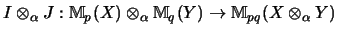 $I \otimes_\alpha J: {\mathbb{M} }_p(X) \otimes_\alpha {\mathbb{M} }_q(Y)
\rightarrow
{\mathbb{M} }_{pq}(X \otimes _\alpha Y)$