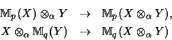 \begin{eqnarray*}{\mathbb{M} }_p(X) \otimes_\alpha Y
&\rightarrow&
{\mathbb{M...
...bb{M} }_q(Y)
&\rightarrow&
{\mathbb{M} }_q(X \otimes_\alpha Y)
\end{eqnarray*}