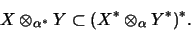 \begin{displaymath}X \otimes_{\alpha^*} Y \subset (X^* \otimes _\alpha Y^*)^*.
\end{displaymath}