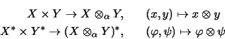 \begin{eqnarray*}X \times Y \rightarrow X \otimes_\alpha Y,
&&
(x,y) \mapsto x...
...s_\alpha Y)^*,
&&
(\varphi,\psi) \mapsto \varphi \otimes \psi
\end{eqnarray*}