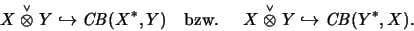 \begin{displaymath}X\stackrel{\scriptscriptstyle\vee}{\otimes}Y \hookrightarrow ...
...tyle\vee}{\otimes}Y \hookrightarrow \mathit{CB}(Y^*,X)\mbox{.}
\end{displaymath}