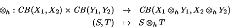 \begin{eqnarray*}\otimes_h : \mathit{CB}(X_1,X_2) \times \mathit{CB}(Y_1,Y_2)
...
...Y_1, X_2 \otimes_h Y_2)
\\
(S,T)
&\mapsto&
S \otimes_h T
\end{eqnarray*}