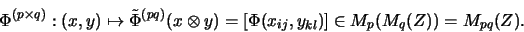 \begin{displaymath}\Phi^{(p \times q)} : (x, y) \mapsto \tilde\Phi^{(pq)}(x \otimes y)
= [\Phi(x_{ij},y_{kl})] \in M_p(M_q(Z)) = M_{pq}(Z).
\end{displaymath}