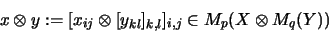 \begin{displaymath}x \otimes y
:=
[ x_{ij} \otimes [y_{kl}]_{k,l} ]_{i,j}
\in M_p(X \otimes M_q(Y))
\end{displaymath}