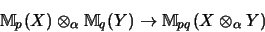 \begin{displaymath}{\mathbb{M} }_p(X) \otimes_\alpha {\mathbb{M} }_q(Y)
\rightarrow
{\mathbb{M} }_{pq}(X \otimes_\alpha Y)
\end{displaymath}