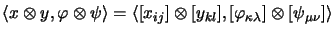 $\displaystyle {\langle x \otimes y, \varphi \otimes \psi \rangle =
\langle [x_{ij}] \otimes [y_{kl}],
[\varphi_{\kappa\lambda}] \otimes [\psi_{\mu\nu}] \rangle}$