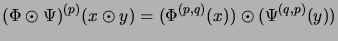 $\displaystyle (\Phi \odot \Psi)^{(p)}(x \odot y) =
(\Phi^{(p,q)}(x)) \odot (\Psi^{(q,p)}(y))
$