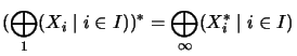 $\displaystyle (\bigoplus_1 (X_i\;\vert\;i\in I))^*=\bigoplus_\infty (X_i^*\;\vert\;i\in I)$