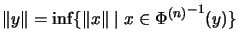 $ \Vert y\Vert=\inf\{\Vert x\Vert\;\vert\;x\in {\Phi^{(n)}}^{-1}(y)\}$