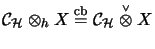 $\displaystyle {\mathcal{C}}_\H\otimes_{h}X \stackrel{\mathrm{cb}}{=}{\mathcal{C}}_\H\stackrel{\scriptscriptstyle \vee}{\otimes}X$