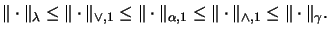 $\displaystyle \Vert\cdot\Vert _\lambda \leq
\Vert\cdot\Vert _{\vee,1} \leq
\Ve...
...rt _{\alpha,1} \leq
\Vert\cdot\Vert _{\wedge,1} \leq
\Vert\cdot\Vert _\gamma.
$