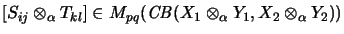 $\displaystyle [S_{ij} \otimes_\alpha T_{kl}]
\in M_{pq}(\mathit{CB}(X_1 \otimes_\alpha Y_1, X_2 \otimes_\alpha Y_2))
$