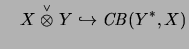 $\displaystyle \quad
X \stackrel{\scriptscriptstyle \vee}{\otimes}Y \hookrightarrow \mathit{CB}(Y^*,X)$