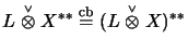 $ L\stackrel{\scriptscriptstyle \vee}{\otimes}X^{**}\stackrel{\mathrm{cb}}{=}(L\stackrel{\scriptscriptstyle \vee}{\otimes}X)^{**}$