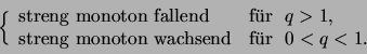 \begin{displaymath}\quad \Bigl\{
\begin{array}{ll}
\text{streng monoton fallen...
...noton wachsend} &\text{f\uml ur \ \( 0 < q < 1 \).}
\end{array}\end{displaymath}