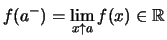 $ f(a^-)=\lim\limits_{x\uparrow a}f(x) \in \mathbb{R}$