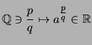 $\displaystyle \mathbb{Q}\ni {\frac{\strut p}{q}} \mapsto a\strut^{\textstyle \frac{ p}{q}} \in\mathbb{R}$