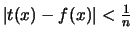 $ \vert t(x)-f(x)\vert<\frac{1}{n} $