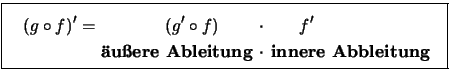 \fbox{\parbox{.6\columnwidth}{
\begin{alignat*}{2}
\quad
(g \circ f)' =&\qquad...
...}ere Ableitung }} &\cdot
&\text{\textbf{ innere Abbleitung } }
\end{alignat*}}}